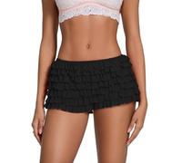 Womens Multi-Layer Lace Ruffled Mini Bloomer Shorts Cute Bow Back Elastic Low Waist Frilly Lolita Micro Shorts (Black, M)