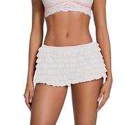 Womens Multi-Layer Lace Ruffled Mini Bloomer Shorts Cute Bow Back Elastic Low Waist Frilly Lolita Micro Shorts (White, L)
