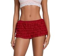 Womens Multi-Layer Lace Ruffled Mini Bloomer Shorts Cute Bow Back Elastic Low Waist Frilly Lolita Micro Shorts (Red, S)