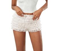 Womens Multi-Layer Lace Ruffled Mini Bloomer Shorts Tie Front Elastic Low Waist Frilly Lolita Micro Shorts (B-White, XS)