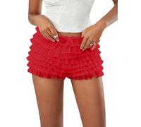 Womens Multi-Layer Lace Ruffled Mini Bloomer Shorts Tie Front Elastic Low Waist Frilly Lolita Micro Shorts (B-Red, S)