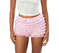 Womens Multi-Layer Lace Ruffled Mini Bloomer Shorts Tie Front Elastic Low Waist Frilly Lolita Micro Shorts (B-Pink, M)