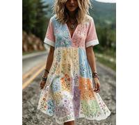 Women's Multi Pastel Square Patchwork Mini Dress, Ditsy Wildflower V-Neck Short Sleeve Boho Dress