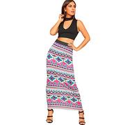 Women's Multi Print Elasticated High Waist Stretch Maxi Long Skirt - Stylish & Comfortable 95% Viscose 5% Elastane Versatile for Casual & Evening Wear New - Pink Aztec - 12-14
