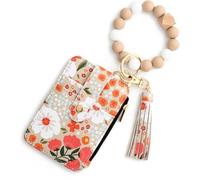 Women's Multicolor Floral Beaded Wristlet Wallet,Women's Bo/ho Style Beaded Wristlet Wallets,Tassel Charms Keychain with Flower Pattern Wallet,Small Credit Card Tickets,Keys Holder (Khaki)