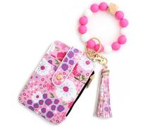 Women's Multicolor Floral Beaded Wristlet Wallet,Women's Bo/ho Style Beaded Wristlet Wallets,Tassel Charms Keychain with Flower Pattern Wallet,Small Credit Card Tickets,Keys Holder (Rose Red)