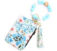 Women's Multicolor Floral Beaded Wristlet Wallet,Women's Bo/ho Style Beaded Wristlet Wallets,Tassel Charms Keychain with Flower Pattern Wallet,Small Credit Card Tickets,Keys Holder (Light Blue)
