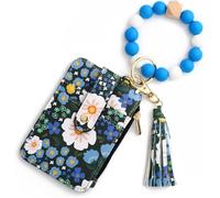 Women's Multicolor Floral Beaded Wristlet Wallet,Women's Bo/ho Style Beaded Wristlet Wallets,Tassel Charms Keychain with Flower Pattern Wallet,Small Credit Card Tickets,Keys Holder (Dark Blue)