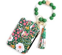 Women's Multicolor Floral Beaded Wristlet Wallet,Women's Bo/ho Style Beaded Wristlet Wallets,Tassel Charms Keychain with Flower Pattern Wallet,Small Credit Card Tickets,Keys Holder (Green)