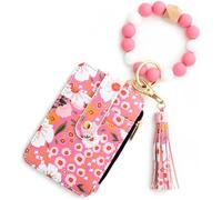 Women's Multicolor Floral Beaded Wristlet Wallet,Women's Bo/ho Style Beaded Wristlet Wallets,Tassel Charms Keychain with Flower Pattern Wallet,Small Credit Card Tickets,Keys Holder (Dark Pink)