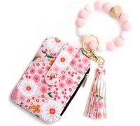 Women's Multicolor Floral Beaded Wristlet Wallet,Women's Bo/ho Style Beaded Wristlet Wallets,Tassel Charms Keychain with Flower Pattern Wallet,Small Credit Card Tickets,Keys Holder (Light Pink)