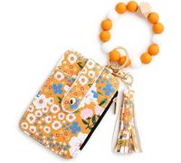 Women's Multicolor Floral Beaded Wristlet Wallet,Women's Bo/ho Style Beaded Wristlet Wallets,Tassel Charms Keychain with Flower Pattern Wallet,Small Credit Card Tickets,Keys Holder (Yellow)