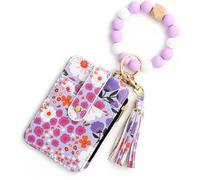 Women's Multicolor Floral Beaded Wristlet Wallet,Women's Bo/ho Style Beaded Wristlet Wallets,Tassel Charms Keychain with Flower Pattern Wallet,Small Credit Card Tickets,Keys Holder (Purple)