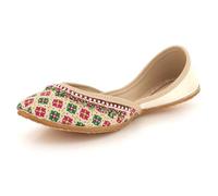 Womens Multicolor Printed Punjabi Khussa Flats Handmade Ethnic Mojari Slip-On Traditional Beaded Edge Festive Bridal Wedding Party Ladies Beige Shoes Size 5 UK 38 EU