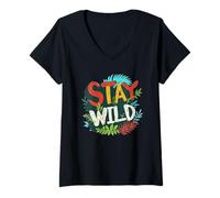 Women's Multicolor Stay Wild Emblem V-Neck T-Shirt