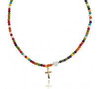 Women's Multicolour Beaded Necklace, Heart Bead And Gold-Tone Cross Pendant | 1-Piece Design, Red, Orange, Yellow, Green, Turquoise, Purple And Cream, For Casual Outfits And Faith-Related Occasions