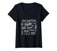 Women's Multilingual Hello Typography World Greetings Art V-Neck T-Shirt