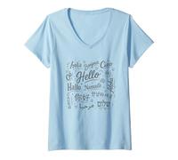 Women's Multilingual Hello Typography World Greetings Art V-Neck T-Shirt