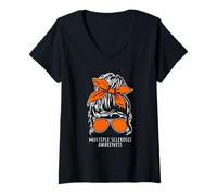 Women's Multiple Sclerosis Awareness MS Messy Hair Bun Design V-Neck T-Shirt