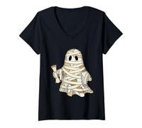 Womens Mummy Ghost Kawaii Ancient Egypt Spooky Season Quilt V-Neck T-Shirt