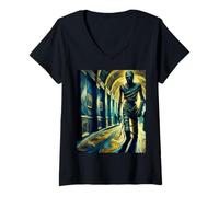Womens Mummy in The Museum, Van Gogh Starry Night Style, Halloween V-Neck T-Shirt