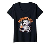 Womens Mummy Life Halloween Coffee Lover Funny Spooky Cute Design V-Neck T-Shirt