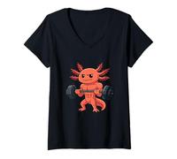 Womens Muscular Axolotl Weightlifting Cartoon Gym Humor V-Neck T-Shirt