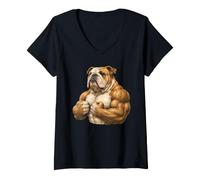 Women's Muscular Bulldog Dog Powerlifting Weightlifting Gym Workout V-Neck T-Shirt