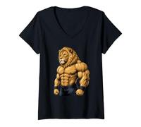 Women's Muscular Lion Powerlifting Weightlifting Gym Workout V-Neck T-Shirt