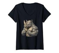 Women's Muscular Rhino Powerlifting Weightlifting Gym Workout V-Neck T-Shirt