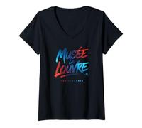 Womens Musée du Louvre Paris France Colorful Brush Print V-Neck T-Shirt