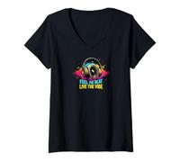 Womens Music Headphones DJ Feel The Beat Live The Vibe Retro Sound V-Neck T-Shirt