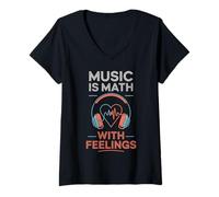 Womens Music Is Math With Feelings Headphones Heartbeat Art V-Neck T-Shirt