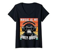 Womens Music is my only drug retro therapy monkey with headphones V-Neck T-Shirt
