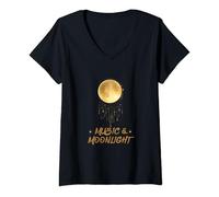 Womens Music & Moonlight Golden Night Sky V-Neck T-Shirt