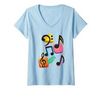 Womens Music Notes Colourful Retro Vintage Musicians V-Neck T-Shirt