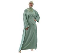 Women's Muslim Abaya Dress Three Pieces Set Islamic Prayer Robe Open Front Flowy Maxi Cardigan Dress, Sage Green +Hijab, Medium