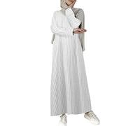 Women's Muslim Cotton Linen Maxi Dress - Casual Stripe Islamic Robe with Pockets Long Sleeve Crewneck Ladies Conservative Abaya Dress Prayer Clothes Arabian Dubai Outfits Loose Loungewear