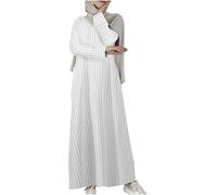 Women's Muslim Cotton Linen Maxi Dress - Casual Stripe Islamic Robe with Pockets Long Sleeve Crewneck Ladies Conservative Abaya Dress Prayer Clothes Arabian Dubai Outfits Loose Loungewear (3XL,#3)