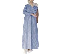 Women's Muslim Cotton Linen Maxi Dress - Casual Stripe Islamic Robe with Pockets Long Sleeve Crewneck Ladies Conservative Abaya Dress Prayer Clothes Arabian Dubai Outfits Loose Loungewear