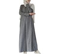Women's Muslim Cotton Linen Maxi Dress - Casual Stripe Islamic Robe with Pockets Long Sleeve Crewneck Ladies Conservative Abaya Dress Prayer Clothes Arabian Dubai Outfits Loose Loungewear (5XL,#2)