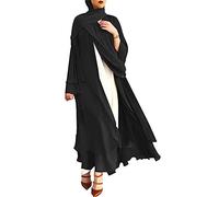 Womens Muslim Long Sleeve Flowy Maxi Cardigan Islamic Open Front Kimono Abaya Robe Turkey Kaftan Solid Color Chiffon Soft and Elegant Belted Loose Dubai Cover Up Dress Black