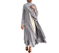 Womens Muslim Long Sleeve Flowy Maxi Cardigan Islamic Open Front Kimono Abaya Robe Turkey Kaftan Solid Color Chiffon Soft and Elegant Belted Loose Dubai Cover Up Dress XL