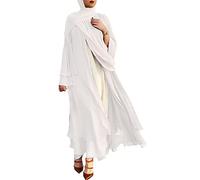 Womens Muslim Long Sleeve Flowy Maxi Cardigan Islamic Open Front Kimono Abaya Robe Turkey Kaftan Solid Color Chiffon Soft and Elegant Belted Loose Dubai Cover Up Dress White
