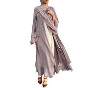 Womens Muslim Long Sleeve Flowy Maxi Cardigan Islamic Open Front Kimono Abaya Robe Turkey Kaftan Solid Color Chiffon Soft and Elegant Belted Loose Dubai Cover Up Dress Khaki