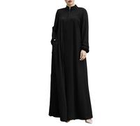Womens Muslim Maxi Dresses Long Sleeve Zip Up Strand Collar Solid Color Loose Fit Abaya Praying Dress Black