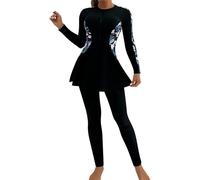 Women's Muslim Swimwear: Long Sleeve Burkini 2 Pieces Full Cover Modest Swimsuit Rash Guard Wetsuit Bathing Suit- Islamic Swimming Costume Black-Blue Leaf S