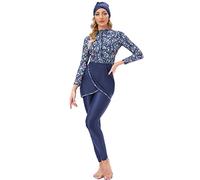 Womens Muslim Swimwear Modest Swimsuit Hijab Burkini Top+Pants Rashguard 3 Pieces Full Cover Floral Print Swimming Costume UV Protection Surfing Outfit for Girls Blue + Floral 4XL