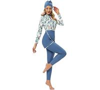 Womens Muslim Swimwear Modest Swimsuit Hijab Burkini Top+Pants Rashguard 3 Pieces Full Cover Floral Print Swimming Costume UV Protection Surfing Outfit for Girls Blue + Green Leaves XL