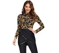 Womens Muslim Swimwear Modest Swimsuit Hijab Burkini Top+Pants Rashguard 3 Pieces Full Cover Floral Print Swimming Costume UV Protection Surfing Outfit for Girls Black + Gold Floral XXL